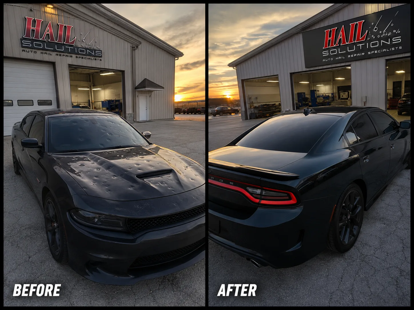 Black Dodge Charger before and after severe hood hail damage restored by Hail Solutions paintless dent repair — outdoor sunset shot at Olathe shop