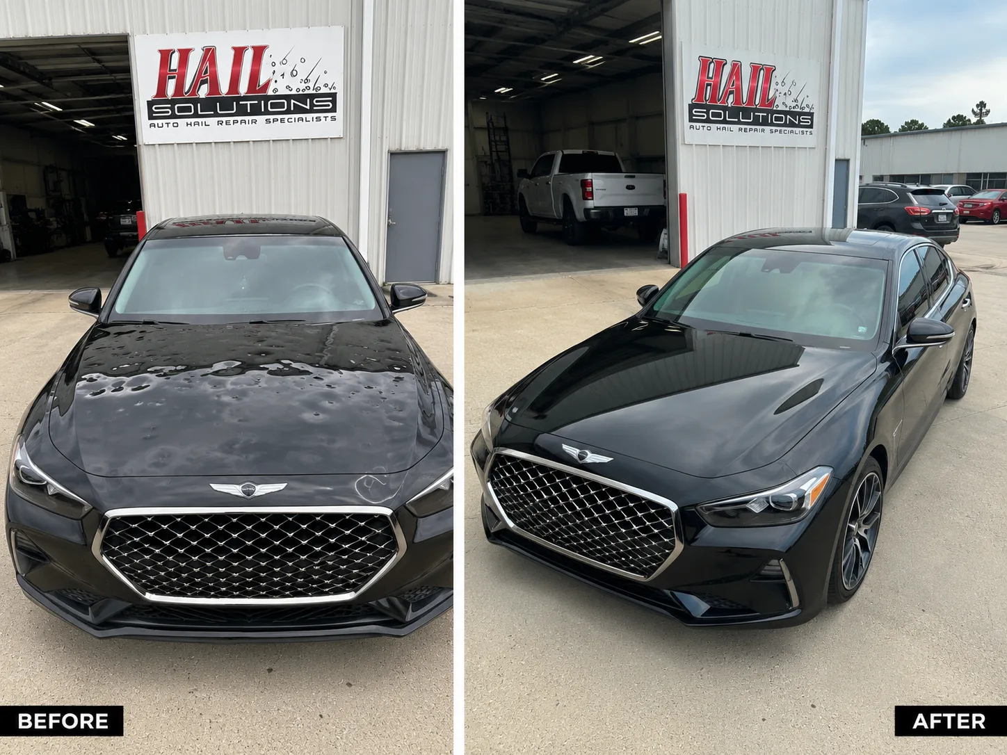 Black Genesis G70 before and after severe hail damage paintless dent repair at Hail Solutions Olathe — 300+ large dents restored from near-total-loss, factory paint preserved
