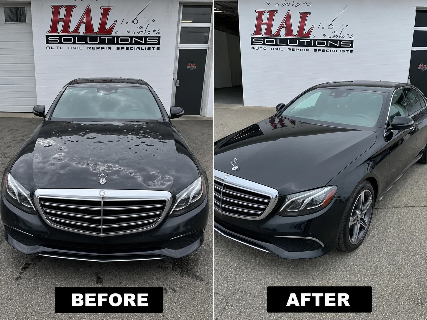 Black Mercedes E-Class before and after hail damage repair — large hood dents restored by Hail Solutions serving Independence, MO