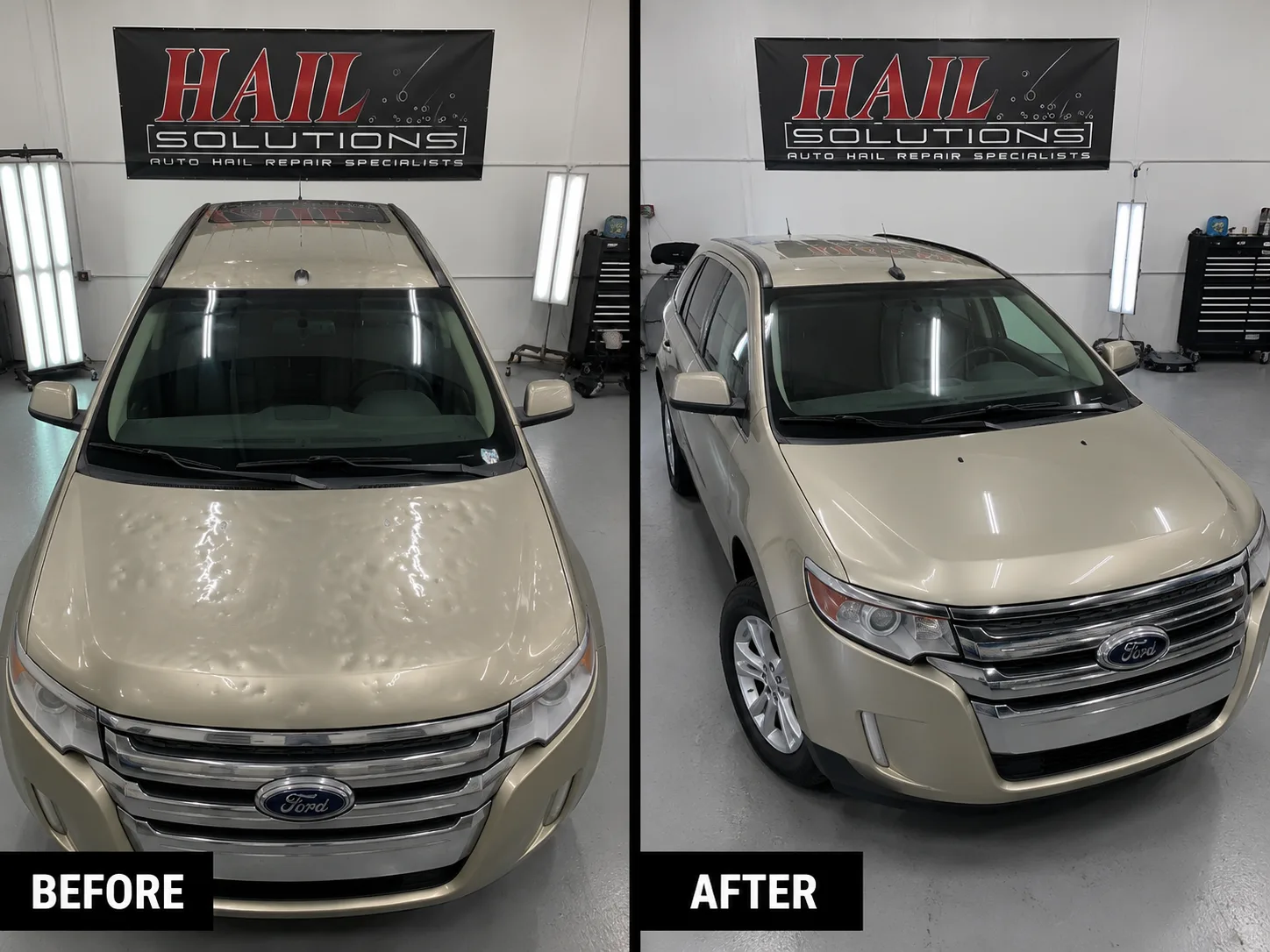 Gold Ford Edge SUV before and after light hail damage paintless dent repair at Hail Solutions Olathe — 50-100 dents across hood restored, factory paint preserved