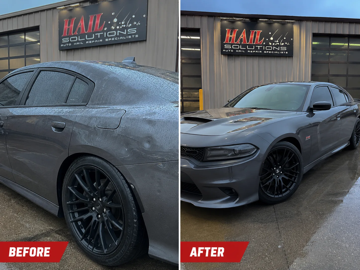 Gray Dodge Charger SRT before and after severe quarter panel hail damage repair at Hail Solutions — paintless dent repair restored factory finish, Olathe KS
