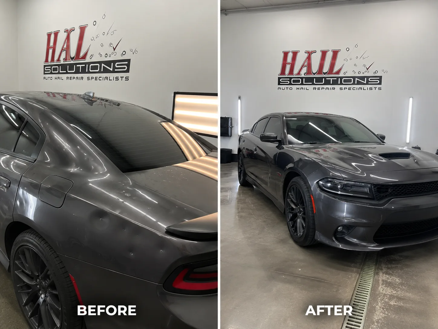 Gray Dodge Charger before and after severe hail damage repair at Hail Solutions — roof and trunk dents fully restored by paintless dent repair