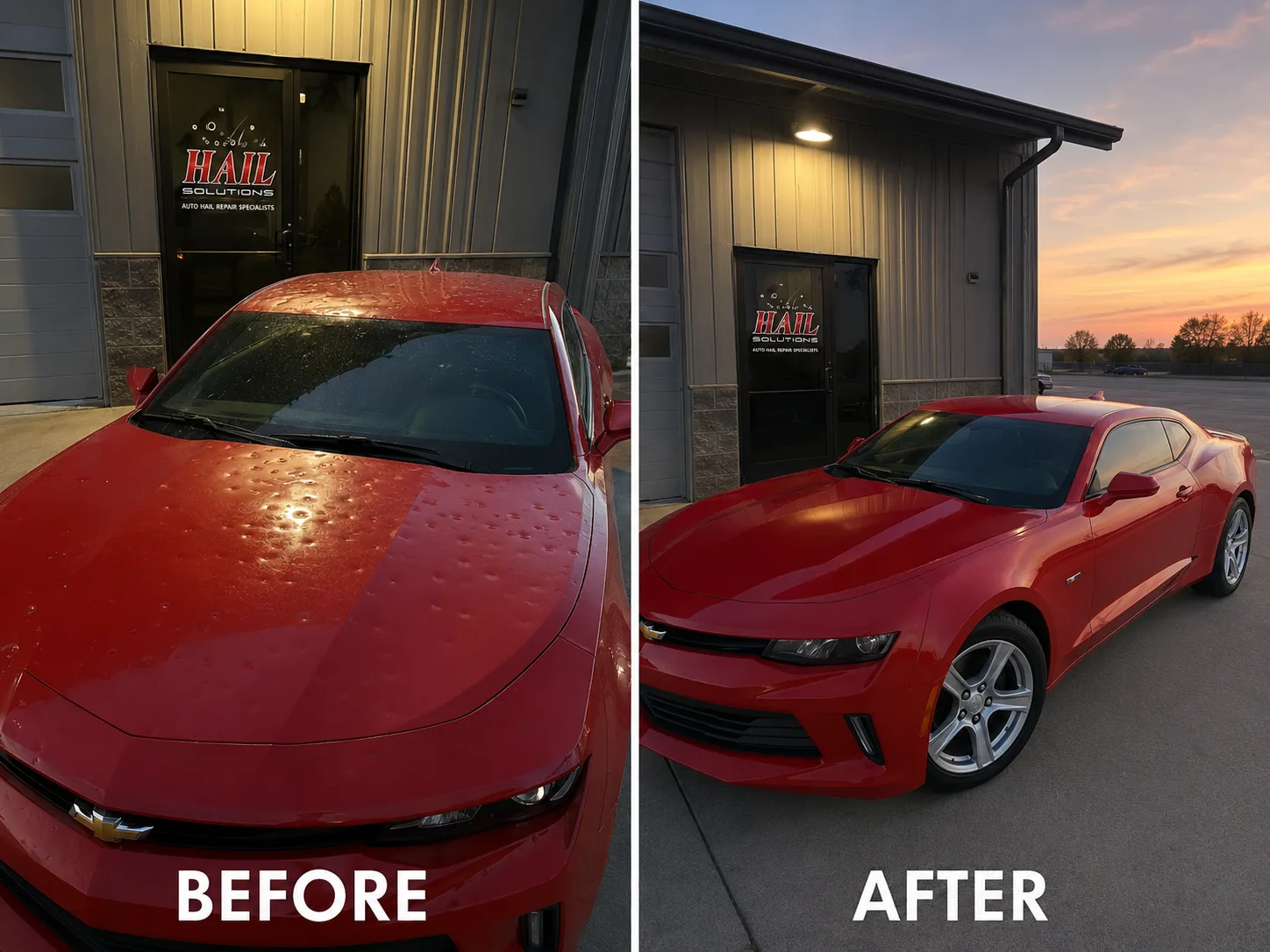 Red Chevrolet Camaro before and after hail damage repair — hood dents restored by Hail Solutions serving Liberty, MO