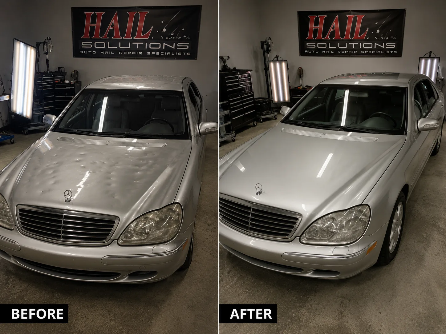 Silver Mercedes S-Class before and after hail damage repair — hood dents restored by Hail Solutions serving Gladstone, MO