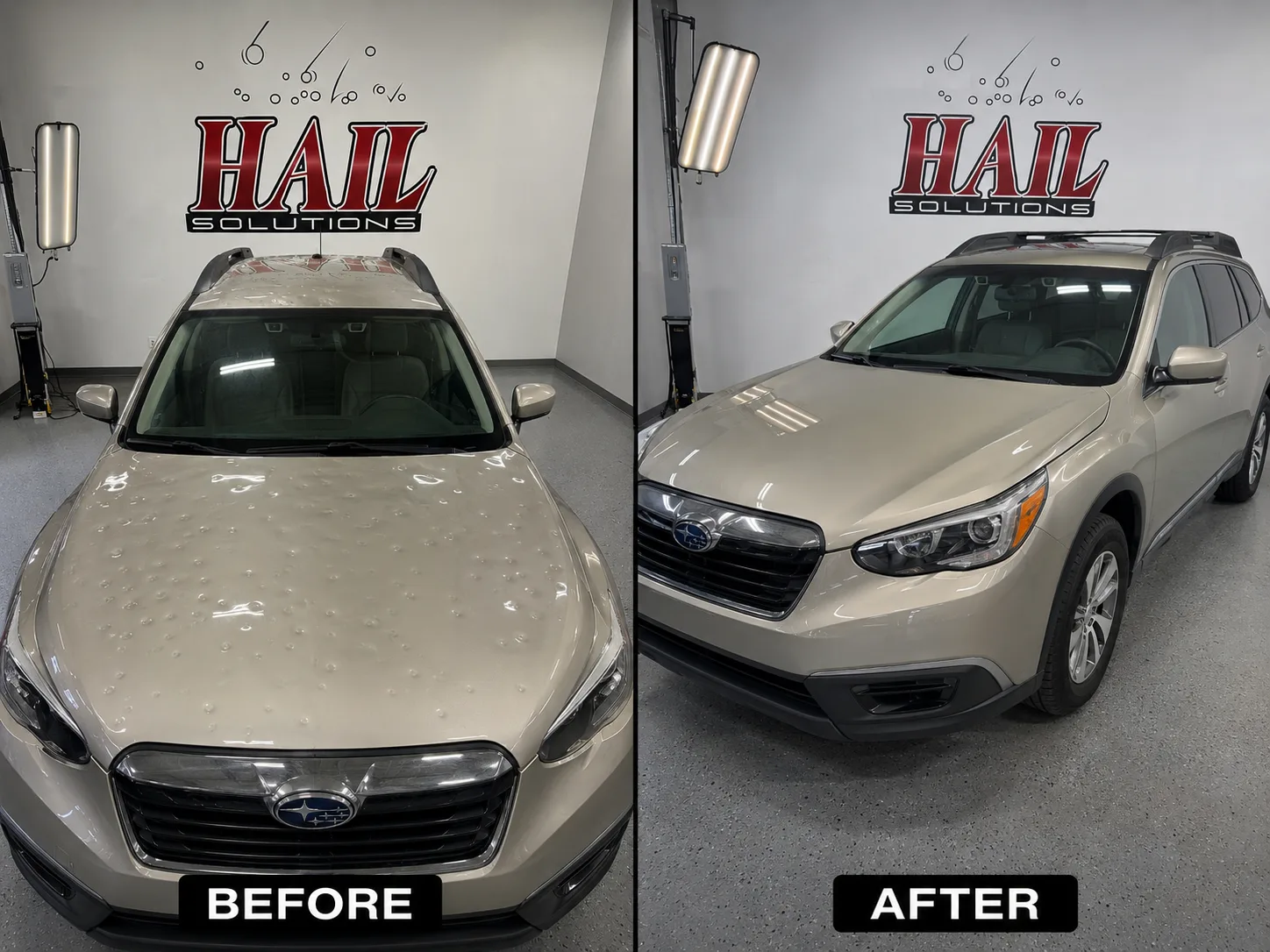 Tan Subaru Outback before and after hail damage repair — hood dents restored by Hail Solutions serving De Soto, KS