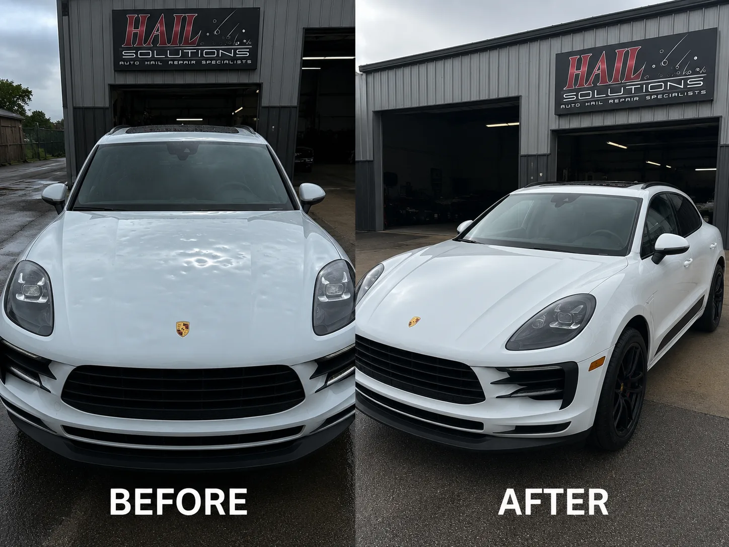 White Porsche Macan before and after hail damage repair — hood dents restored by Hail Solutions serving Parkville, MO